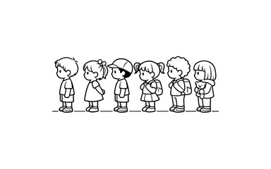 Naklejka premium Cute cartoon children in a line, ready for school with backpacks and toys