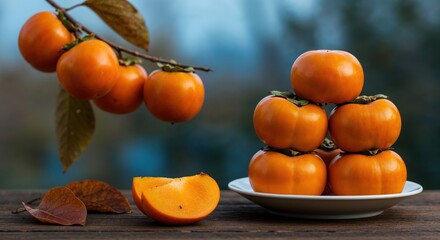 Ripe orange persimmons hang from a branch and are stacked on a white plate with a sliced fruit and dried leaves on a rustic wooden table, symbolizing autumn harvest.