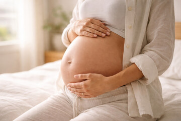 Pregnant woman gently cradling her belly in a serene setting