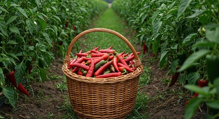 A wicker basket overflowing with freshly harvested red and green chili peppers sits in a vibrant farm field, symbolizing agricultural abundance and spicy flavors.