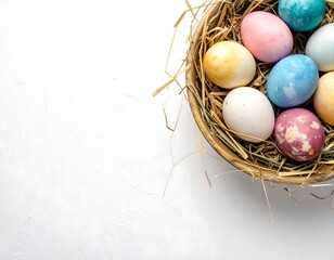Obraz premium Overhead shot reveals a round wooden basket brimming with multi-colored dyed eggs nested in hay, positioned on a white, textured surface