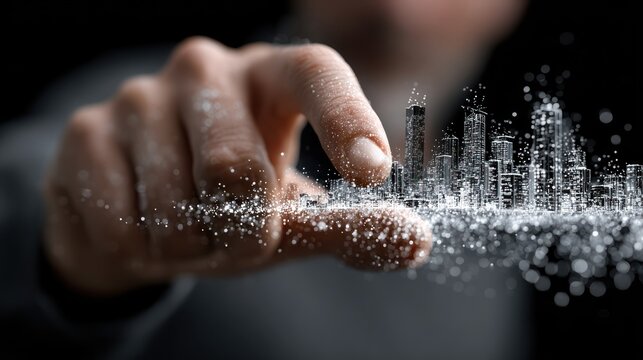Digitally building a city with a fingertip and glittering particles conceptual