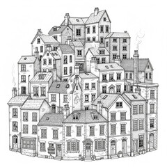 Naklejka premium Detailed monochrome illustration of a dense suburban neighborhood, packed with identical houses, representing modern urban development and community housing architecture