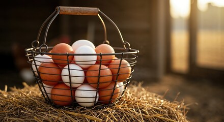 A rustic wire basket brimming with farm-fresh brown and white eggs rests on golden hay, bathed in warm sunset light, symbolizing natural organic produce and rural life.
