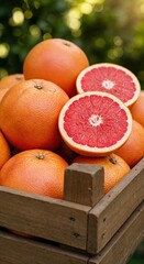 Freshly picked red grapefruits, some halved, are arranged in a rustic wooden crate with a vibrant green bokeh background, highlighting healthy citrus fruit.