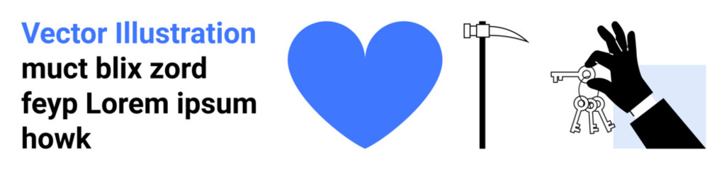 Love, death, theft prevention, safety, symbolism, metaphor. Blue heart, scythe and gloved hand with keys. Love and death highlighted in abstract symbols