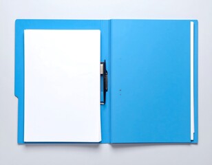 Overhead shot reveals open light blue binder, showcasing blank white paper sheets held by a black clip. The backdrop is plain