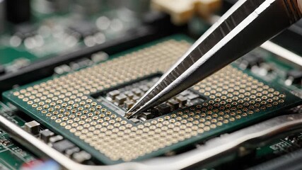 Closeup view of a technician using precision tweezers to carefully handle a tiny electronic component over an empty CPU socket on a computer motherboard highlighting intricate hardware assembly and r.