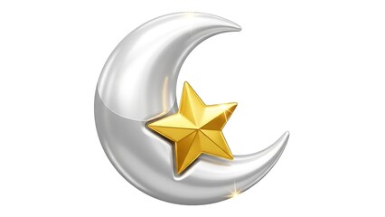 Gold star on a silver crescent moon with sparkles shining brightly in space