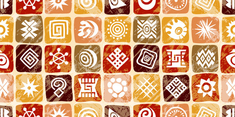 Seamless ethnic pattern, hand-drawn ethnic geometric elements, mosaic of squares, vintage tiles, vector design