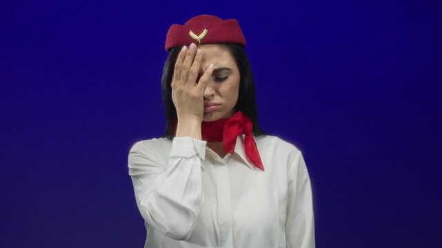 Flight attendant woman in uniform on a blue background appears frustrated and thoughtful, conveying emotion through facial expressions and gestures.