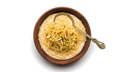 Traditional Indian dessert in a wooden bowl with spoon and nuts on top