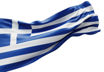detailed national flag of greece, heavy blue and white polyester fabric, billowing dynamically in wind, isolated on a transparent background, powerful symbolism and national pride