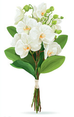 Fototapeta premium Beautiful white orchid wedding bouquet featuring lush green leaves, perfect for romantic occasion. This elegant floral arrangement symbolizes love and purity, making it ideal choice for weddings