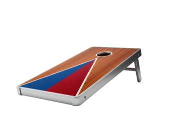 Premium modern cornhole board of polished wood and brushed aluminum, geometric cerulean and red design, isolated on a seamless transparent studio background with crisp shadows, high-end advertising