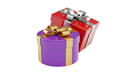 Obraz premium Two Gift Boxes, One Red, One Purple, with Gold and Silver Ribbons
