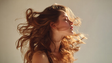 Woman's flowing hair catching sun in wind