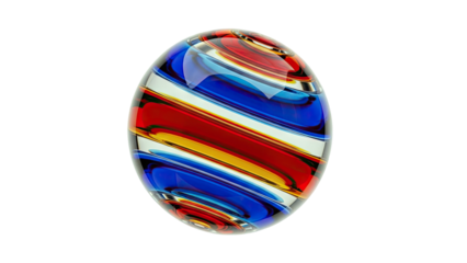 Oval Glass Object with Swirling Red, Blue, and Yellow Stripes