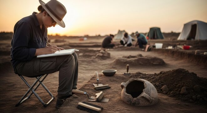Woman archaeologist sketching field notes at sunset. Ancient history and scientific research concept. Archaeology excavation dig site with antique pottery.