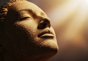 Sculpted facial form tilted upward towards bright directional illumination