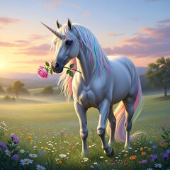 Mythical equine creature with pastel mane holds pink blossom in its mouth amidst sunny meadow