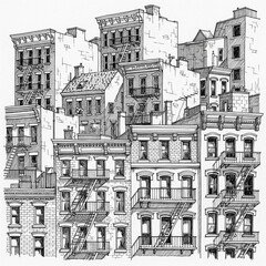 Obraz premium Monochrome ink drawing portraying a dense urban cityscape, featuring classic buildings with fire escapes and architectural details, capturing timeless metropolitan essence
