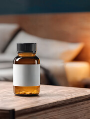 A solitary amber pill bottle stands on a rustic wooden table, softly illuminated, creating a feeling of calm and rest.