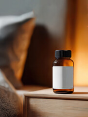 A small amber medicine bottle with a blank label sits on a bedside table, creating a sense of restfulness and well-being.
