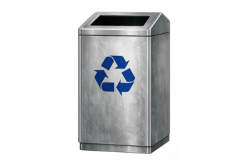Stainless steel recycling bin featuring blue arrow symbol for waste sorting and environmental sustainability, transparent background