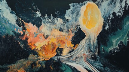 Abstract landscape with swirling energy and natural elements, a surreal blend