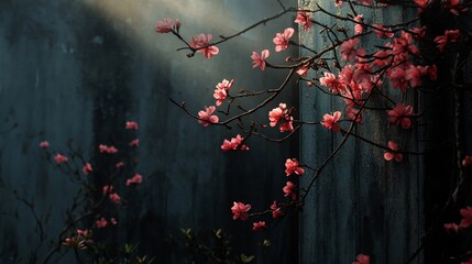 Ephemeral Beauty, Pink Blossoms Bathed in Soft Sunlight on a Textured Wall