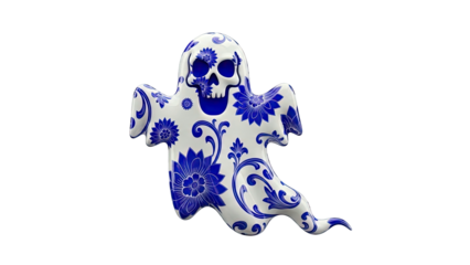 Ghost sculpture with blue floral pattern and skull face