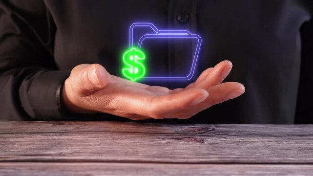 Organized financial documents. Close-up of a person holding a folder with a money symbol.
