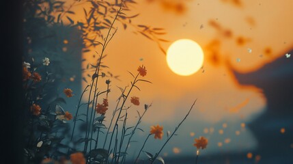 Golden hour blossoms, Serene sunset scene with delicate wildflowers in bloom
