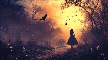 Enigmatic journey, a solitary figure amid twilight birds and mystique trees