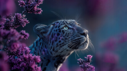 A striking jaguar peers through the vibrant purple flowers, blending its spotted coat with the dreamy floral backdrop, evoking a sense of wonder. 