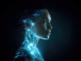 A mesmerizing digital portrait of a woman radiating ethereal energy, where luminous strands intertwine, conveying intelligence and futuristic wonder.
