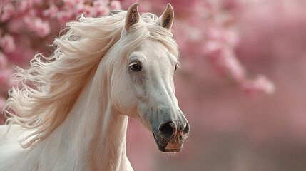 Obraz premium White horse with flowing mane against pink cherry blossom background.