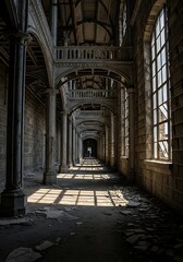 Obraz premium Long abandoned interior corridor features crumbling architecture with dramatic light shafts