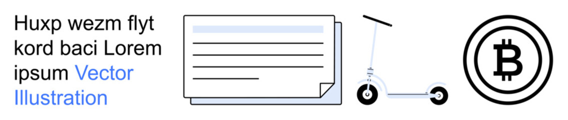 Obraz premium Cryptocurrency, e-commerce, digital transactions, modern logistics, financial technology, mobility solutions. Bitcoin icon, document and e-scooter symbol. Cryptocurrency and e-commerce