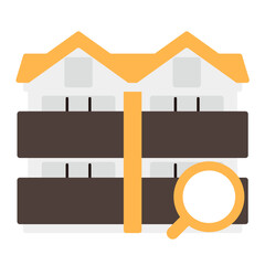 シンプルなアパートのアイコン+虫眼鏡