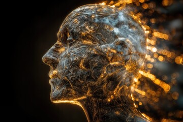 A digital portrait of a human head is showcased, with the skin composed of a intricate network of interconnected veins.
