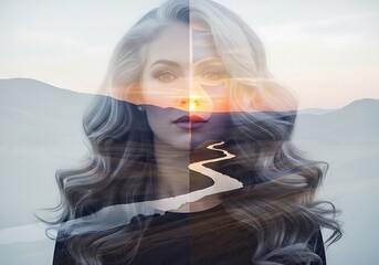 Female portrait layered with a winding river and desert landscape during sunset