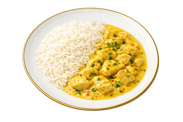 Chicken curry serving on white plate with basmati rice, delicious asian meal for lunch or dinner, transparent background