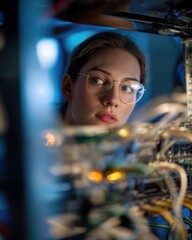 A focused woman intently examines a complex piece of technology, symbolizing expertise and innovation, bathed in the soft glow of a cool, modern environment.