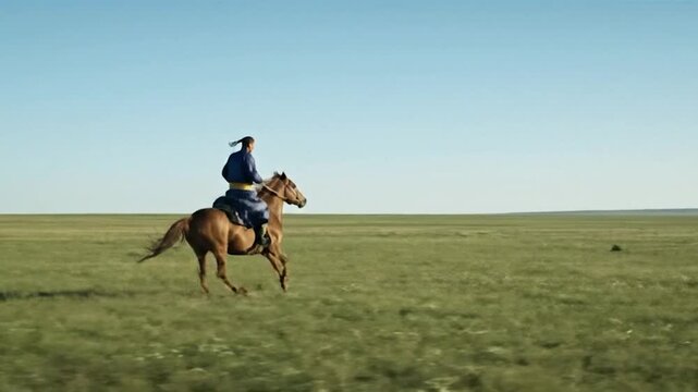 Mongolian man in traditional deel riding horse across vast green steppe under clear blue sky.
