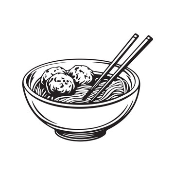 Vector illustration of tomyam food in a bowl containing spicy sauce, meatballs, noodles and Asian complementary ingredients