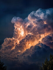 A mesmerizing display of nature's power: towering storm clouds ablaze with golden sunlight, a dramatic sky. 