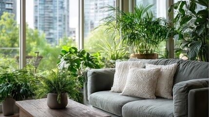 A cozy living room oasis with a stunning indoor-outdoor connection, decorated with plants and a view of the outside. 