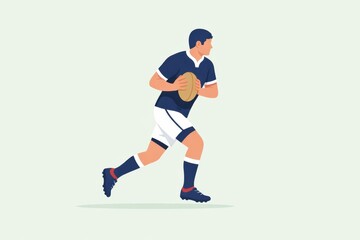 Fototapeta premium Single rugby player in profile view running with oval ball on pastel green background